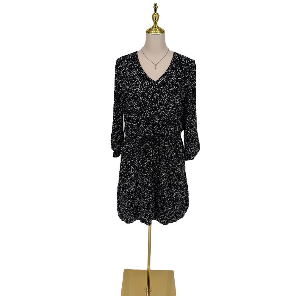 Garnet Hill Dress 4 Black White V Neck Tie Waist Boho Pockets 3/4 Sleeve Casual - Picture 2 of 15